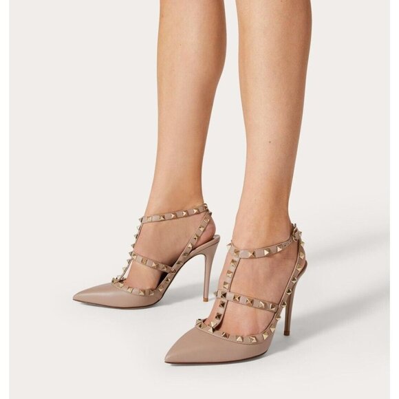 Valentino Rockstud Ankle Strap Pumps 100 Heel Poudre LeatherEU 36 - Picture 1 of 15